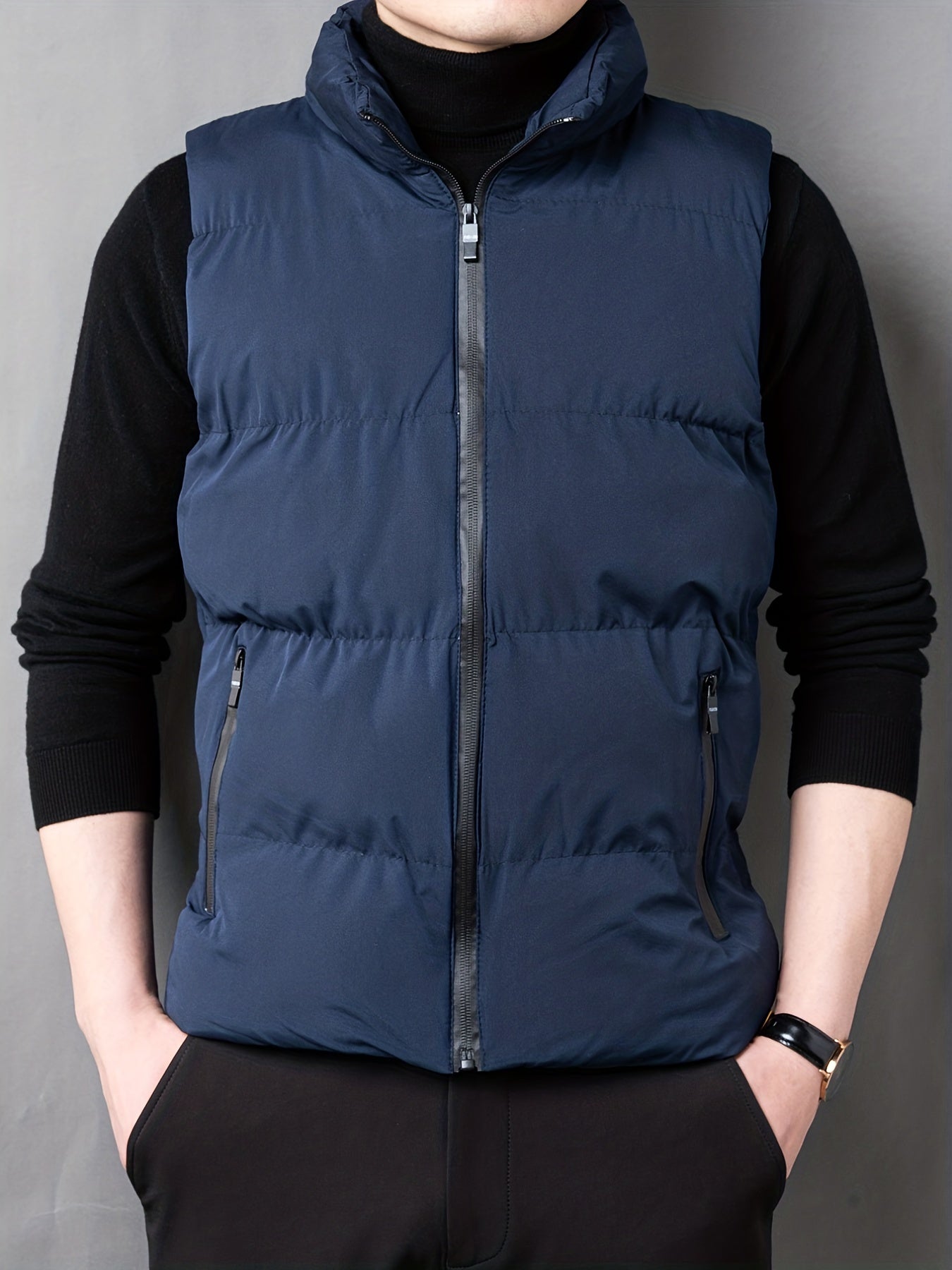 Men's Zip Up Pockets Stand Collar Winter Vest
