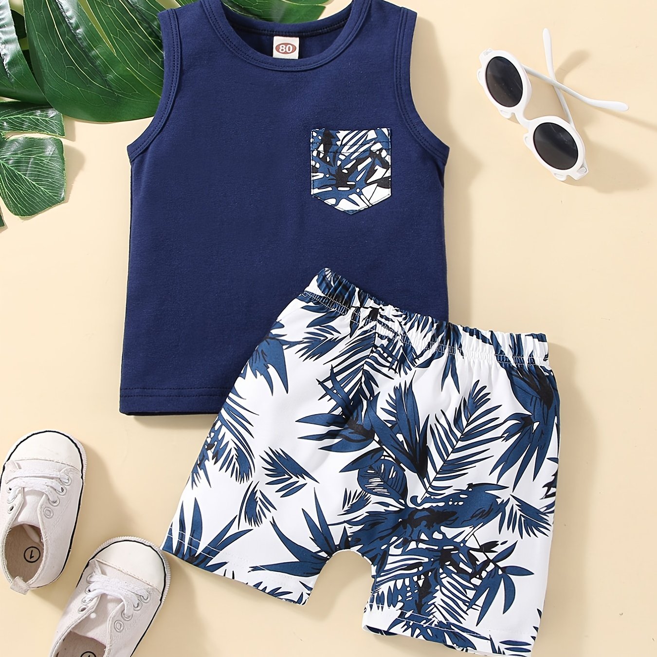Baby Girls Leaf Print Tank Top & Shorts Set for Summer Beach
