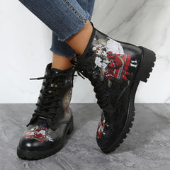 Rabbit & Figure Graphic Lace Up Combat Boots Women's Ankle Boots