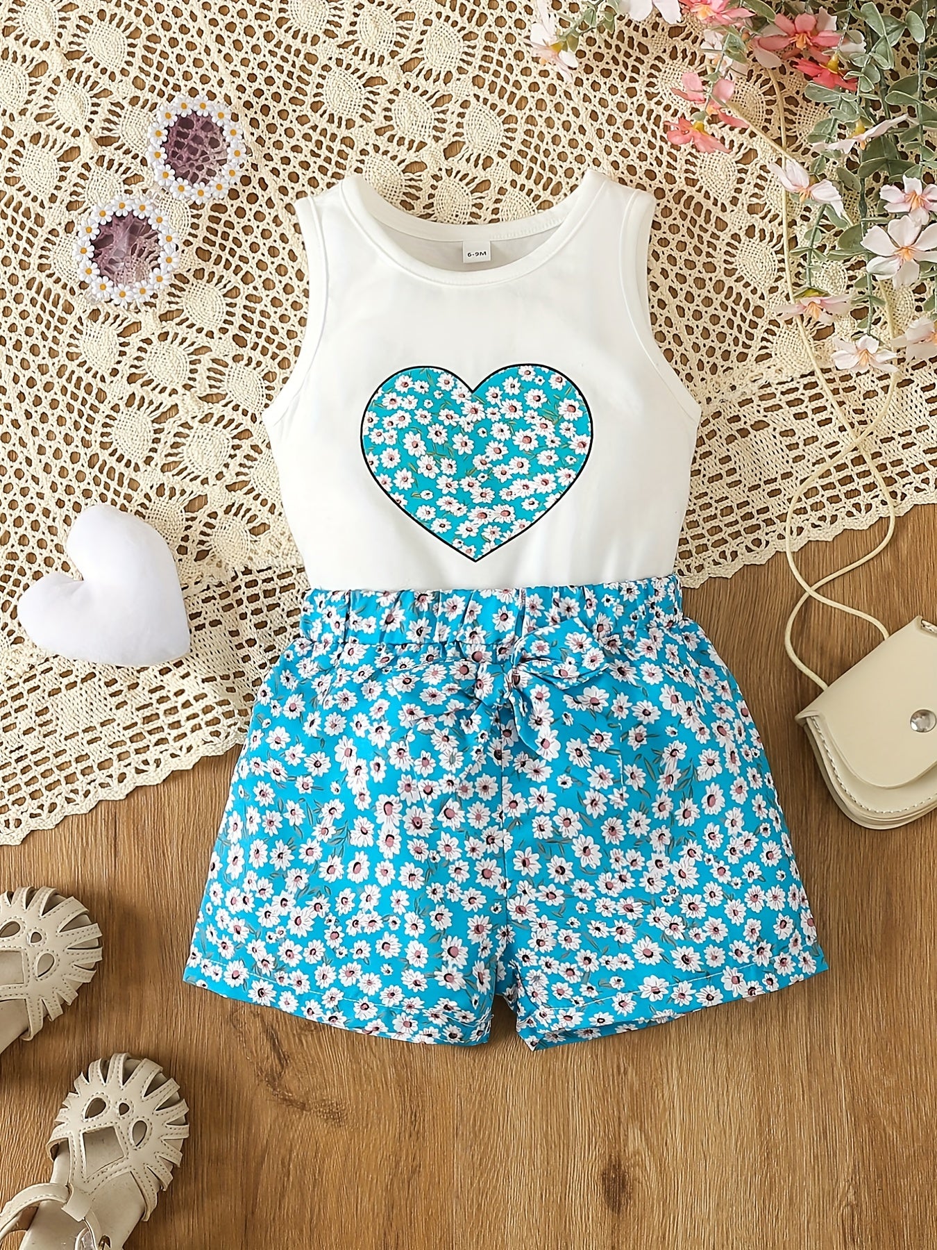 Toddler Girl's Floral Heart Print Romper with Belted Shorts