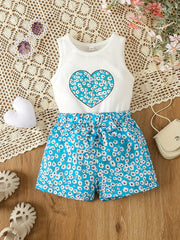 Toddler Girl's Floral Heart Print Romper with Belted Shorts