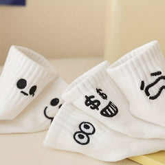 5 Pairs Cartoon Expression Print Crew Socks Women's Stockings