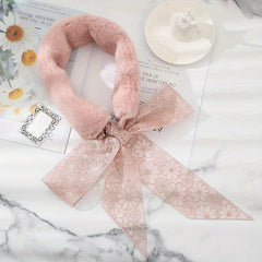 Rabbit Fur Neck Scarf Lace Small Scarf Bow Tie Solid Warm For Women