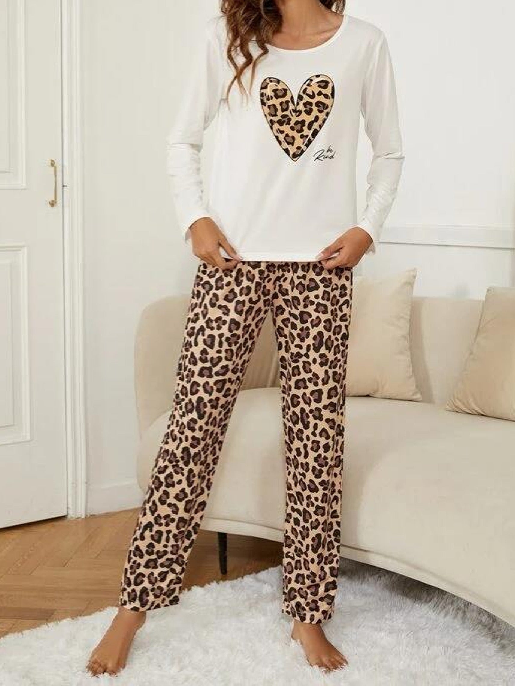 Leopard Print Lounge Set Short Sleeve Crew Neck Top & All Over Print Pants
