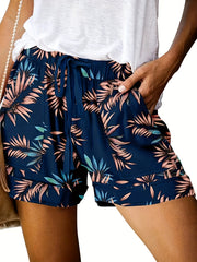 Leaf Print Drawstring Shorts - Women's Casual Shorts