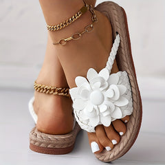 Women's Flower Flat Flip Flops Boho Style Braided Band Non Slip Slides