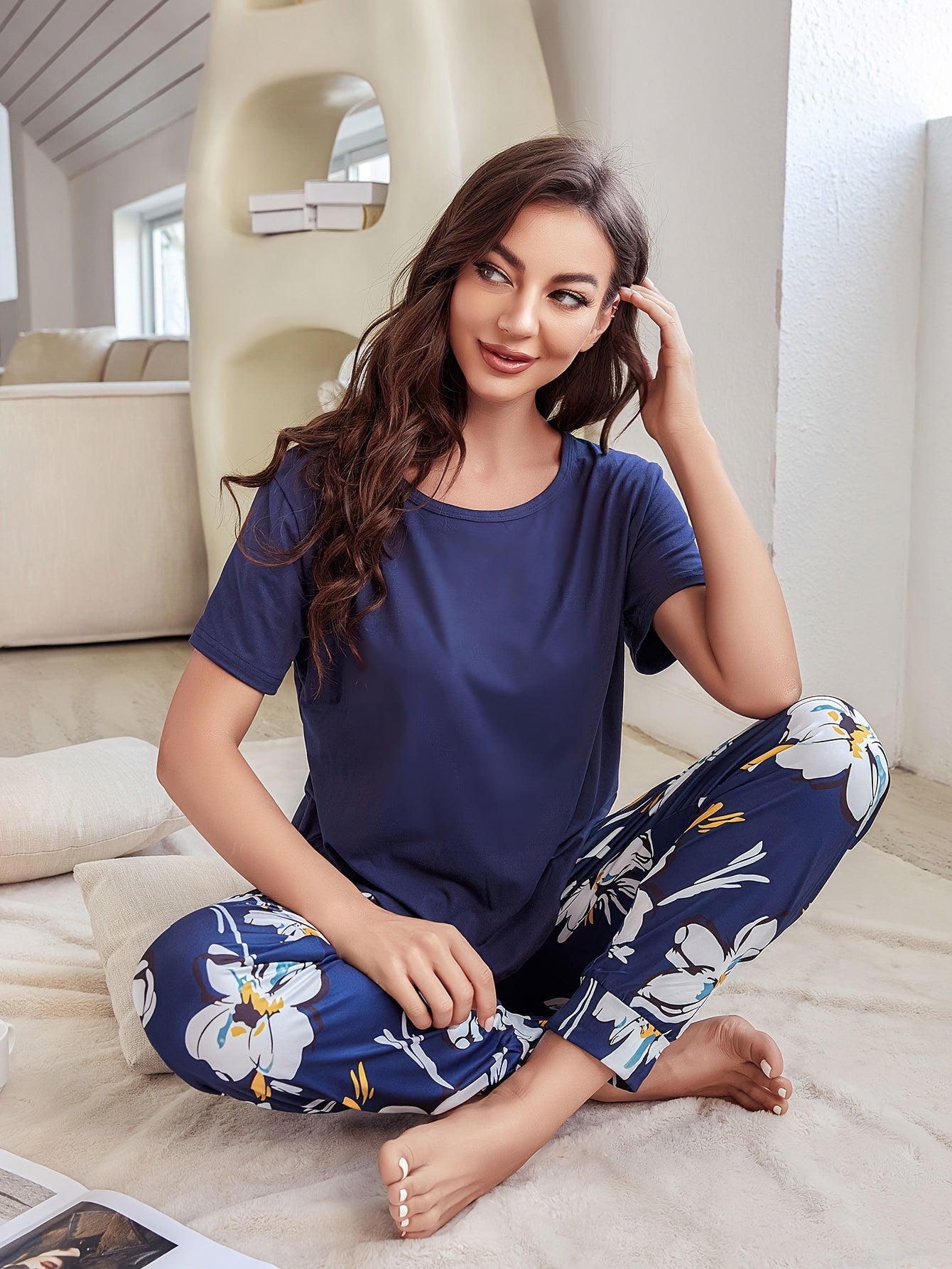 Floral Print Pajamas Set Short Sleeve Top & Pants Women's Sleepwear