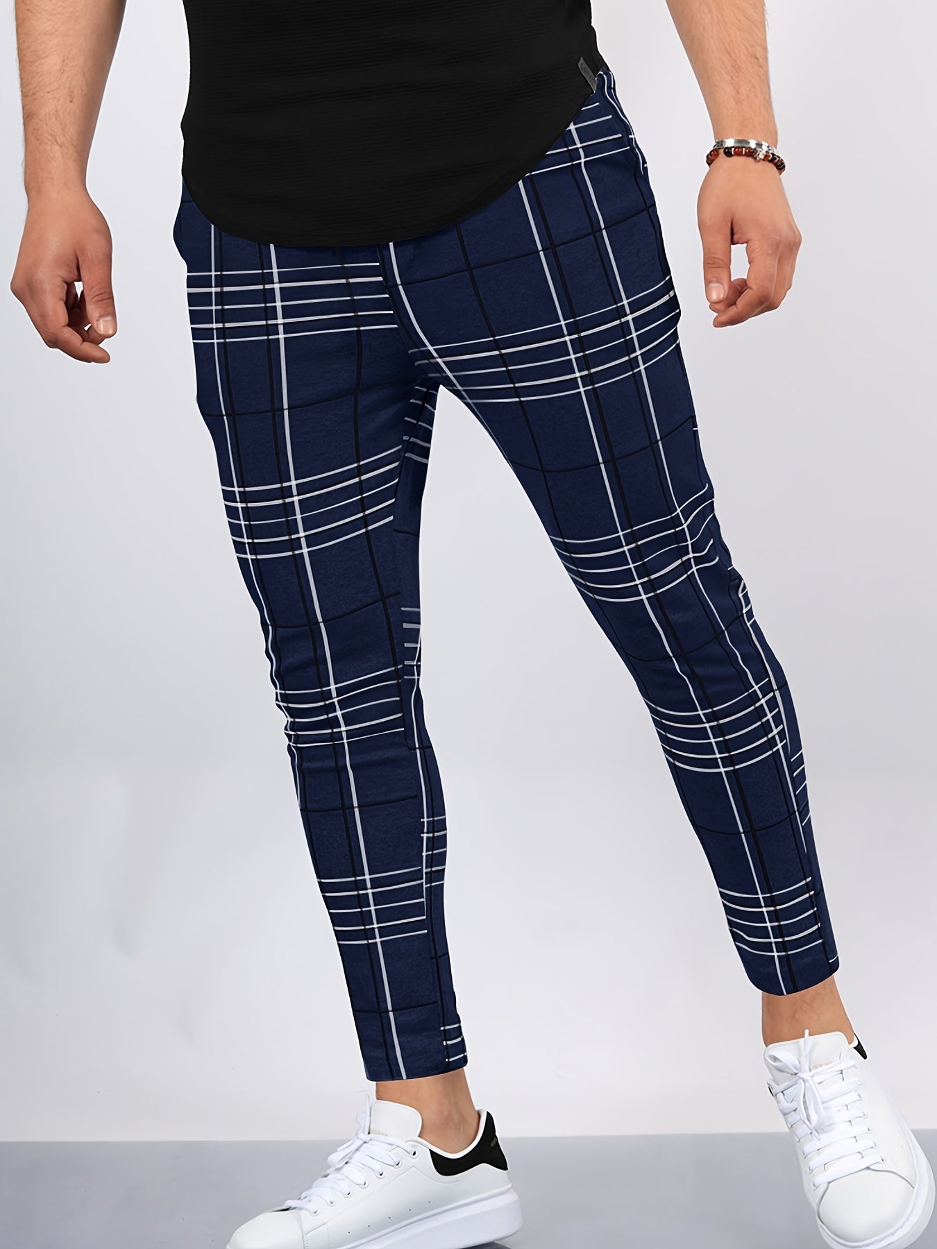 Men's Plaid Print Slim Fit Pants for Autumn/Spring
