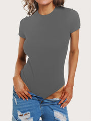 Solid Stretchy Skinny Bodysuit Soft Short Sleeve Crew Neck One Piece