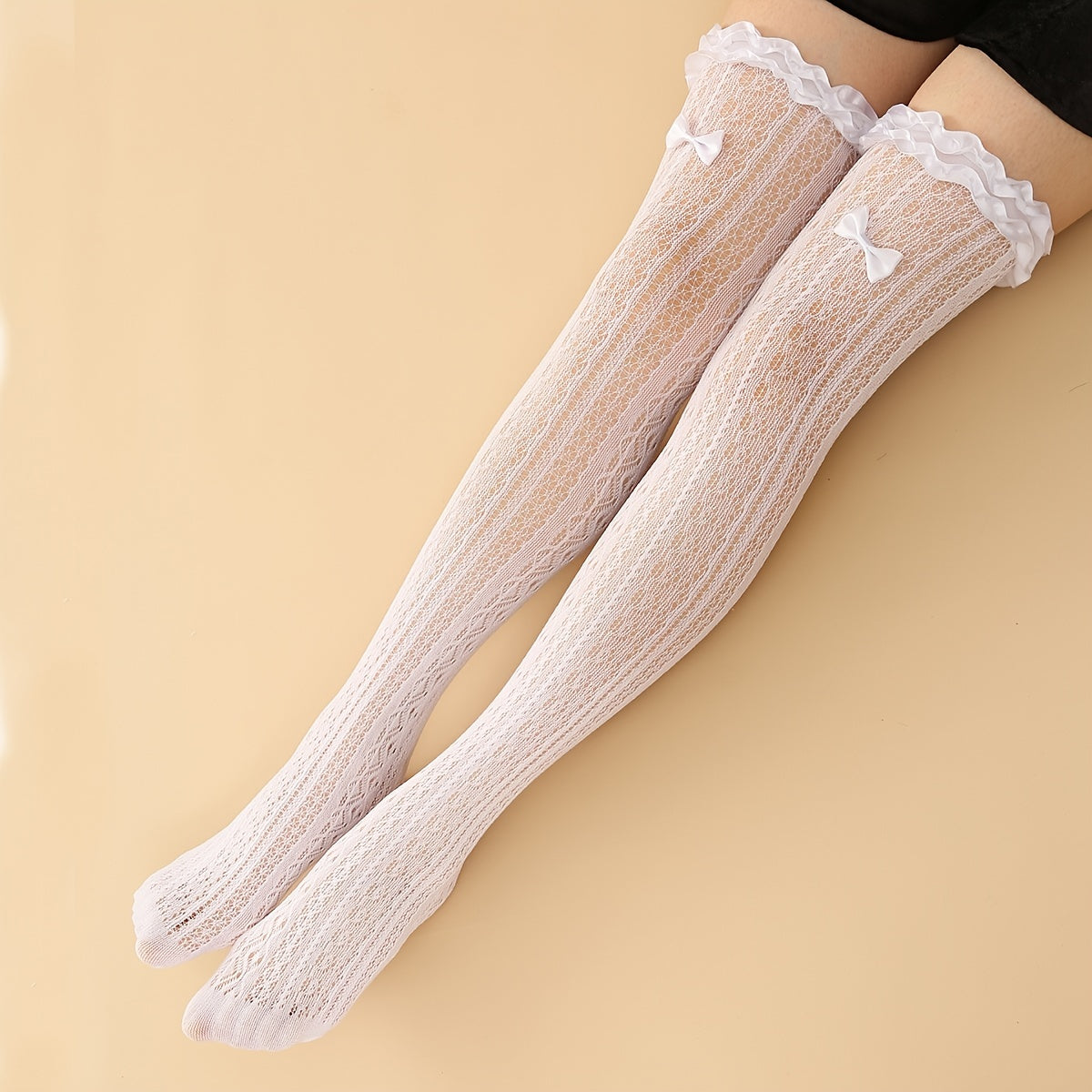 Sheer Mesh Thigh High Socks Lace Trim Bowknot Decor Over The Knee Socks