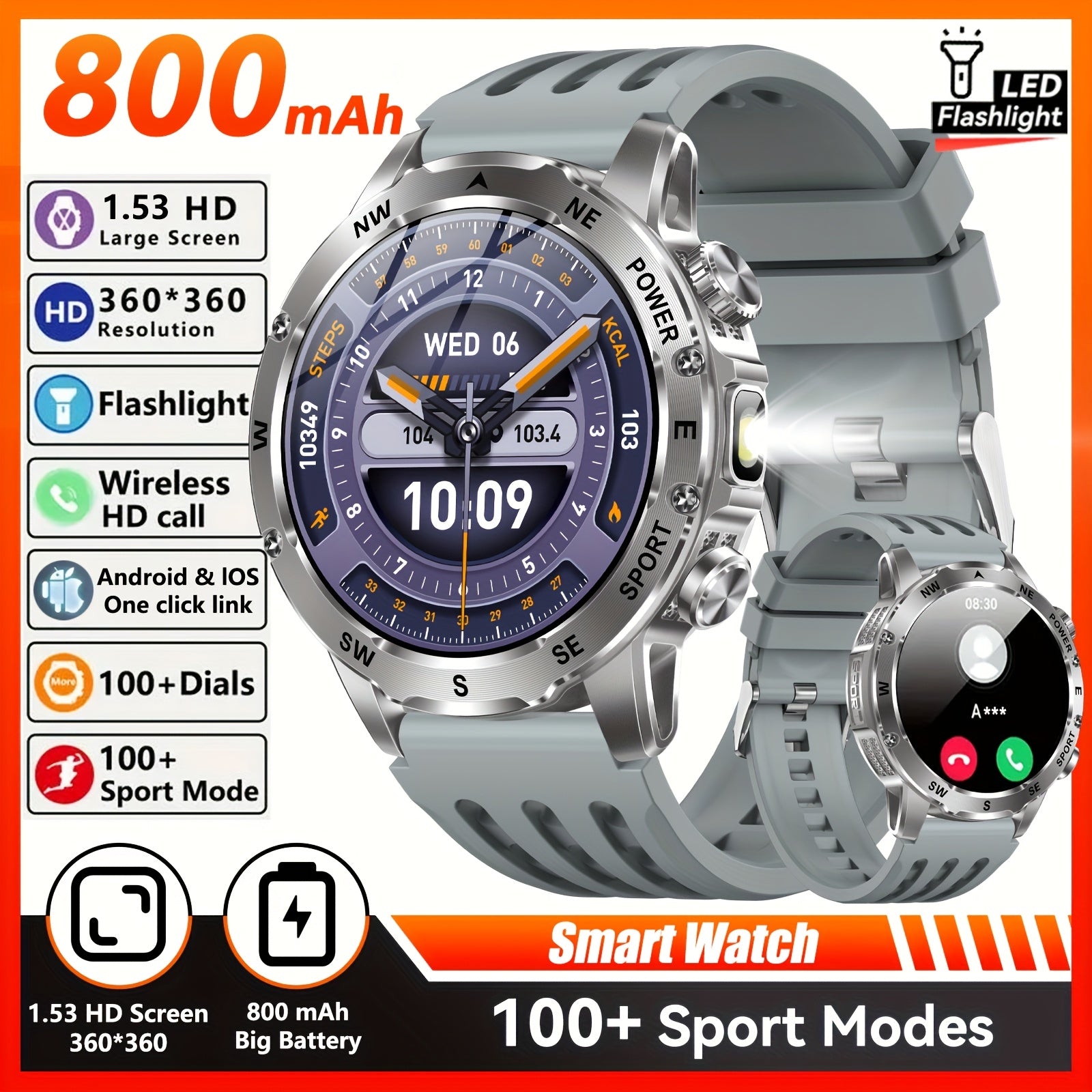 Outdoor Smart Watch with LED Flashlight 800mAh