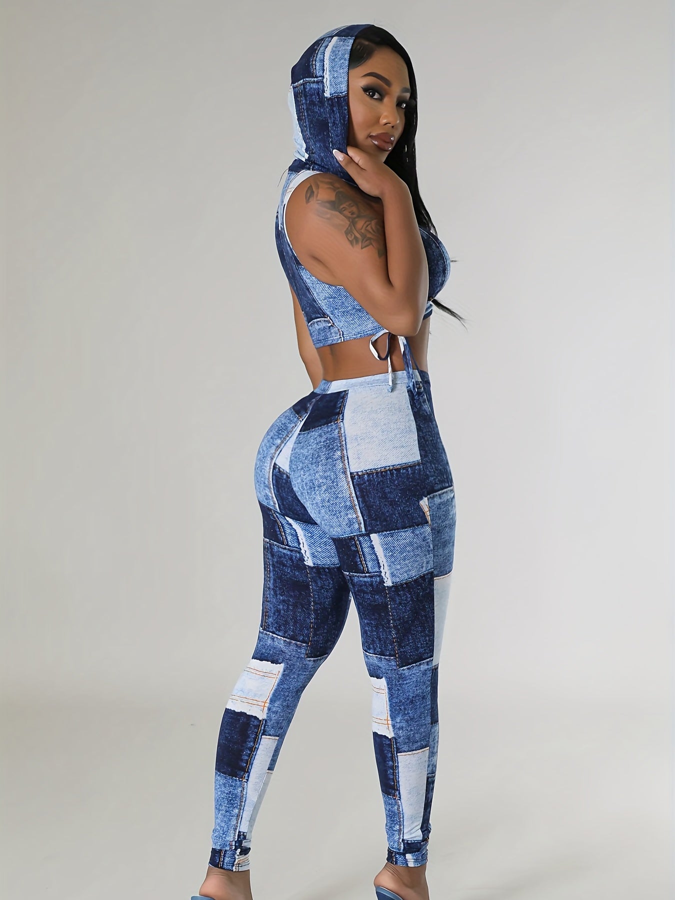 Denim Print Hooded Tank & Leggings Set