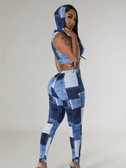 Denim Print Hooded Tank & Leggings Set