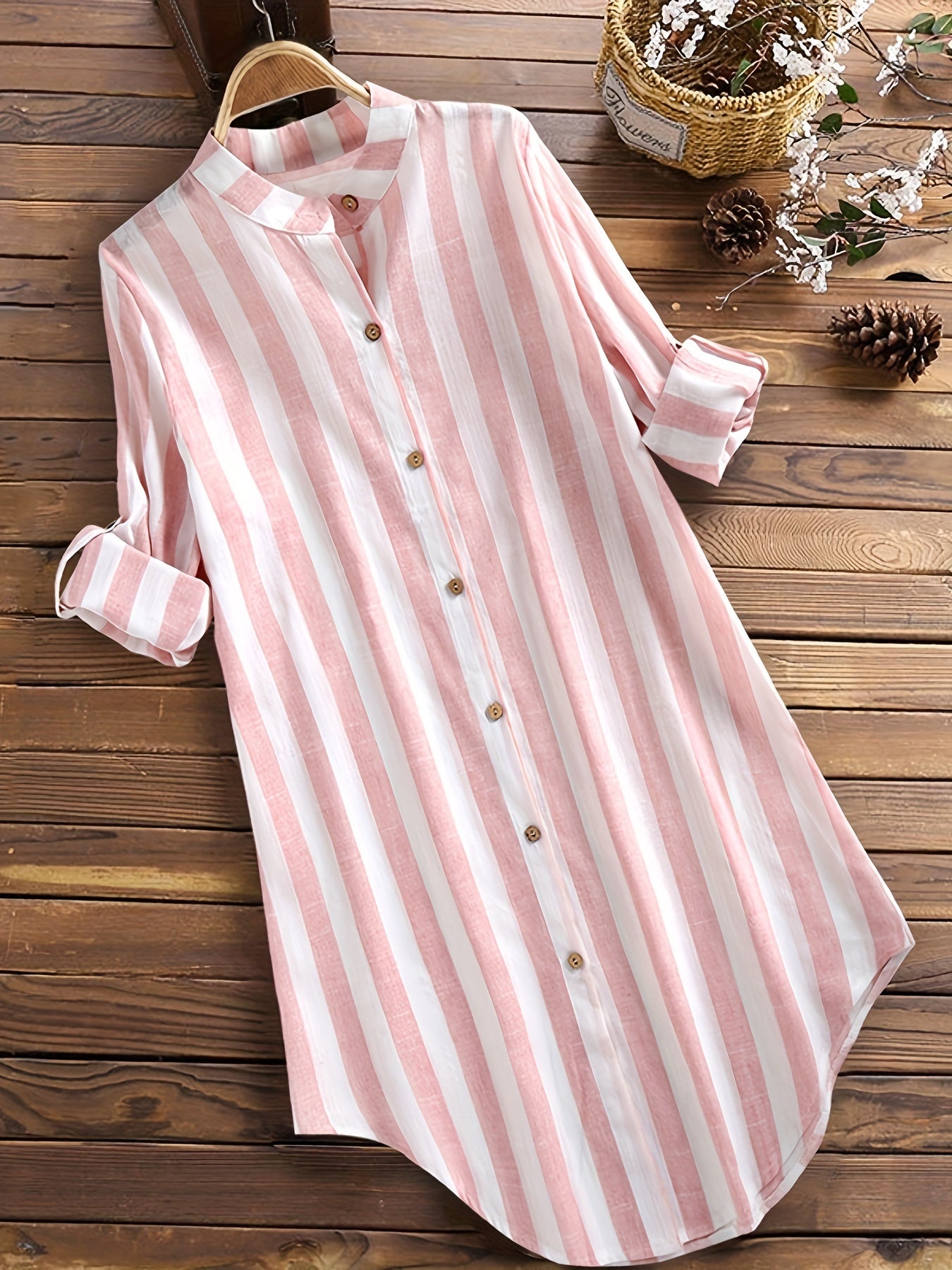 Stripe Print Long Sleeve Mock Neck Tunic Shirt