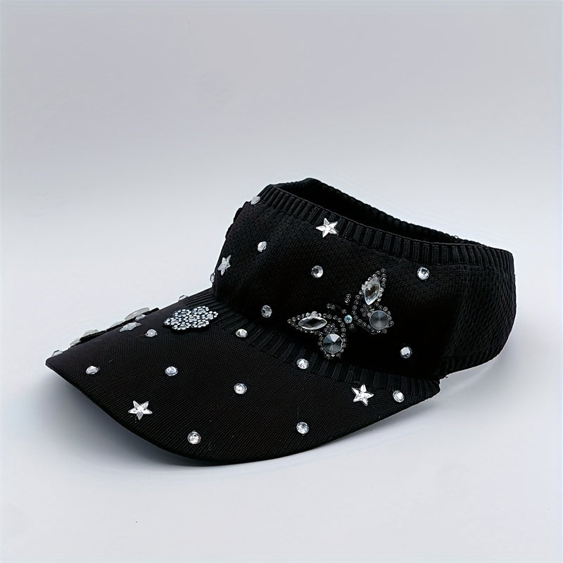 Rhinestone Butterfly Star Visor Hat Knitted Elastic Sun Hat for Women