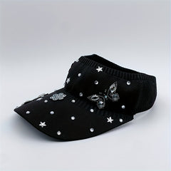 Rhinestone Butterfly Star Visor Hat Knitted Elastic Sun Hat for Women
