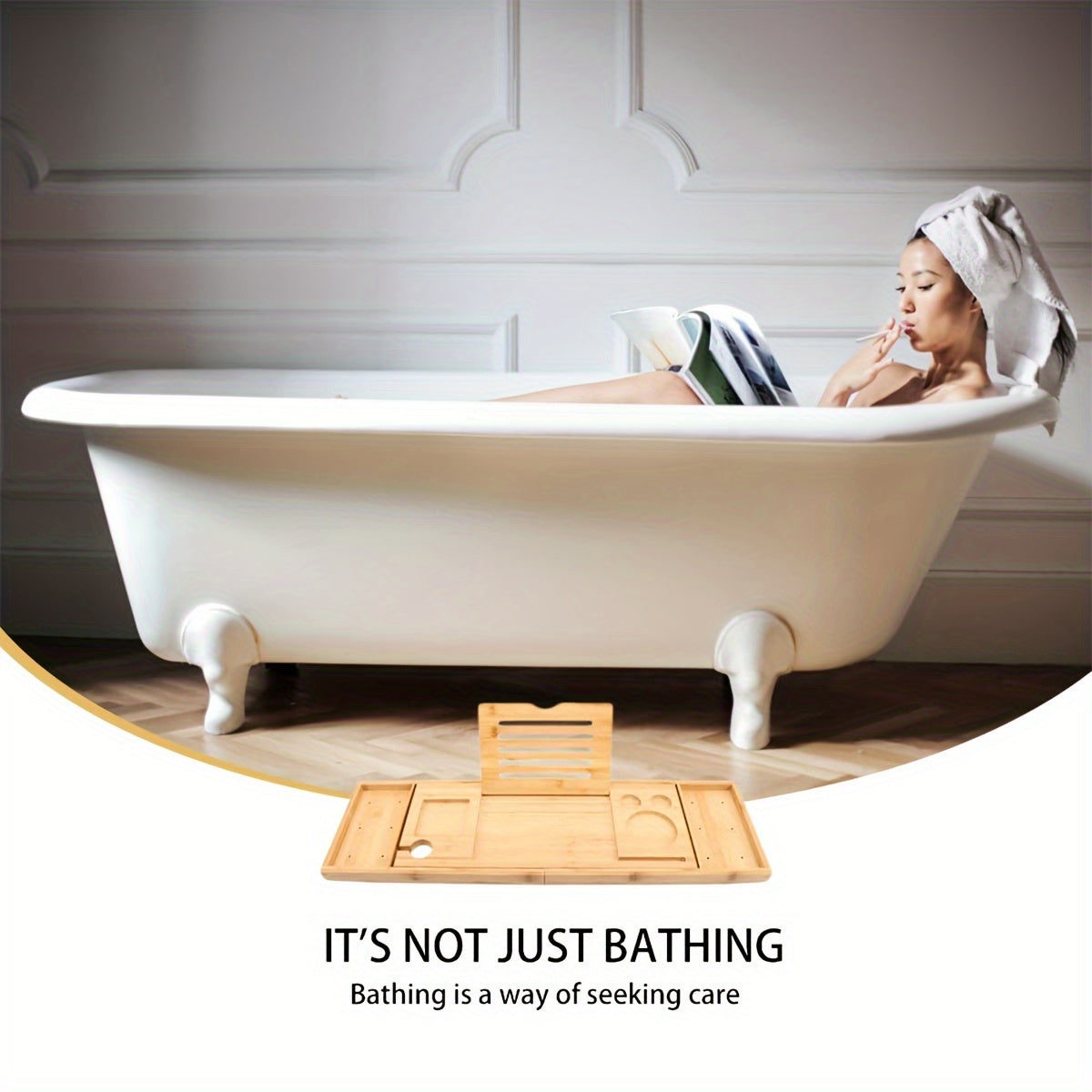 Adjustable Bamboo Bathtub Caddy Tray with Wine Glass Holder and iPad Stand