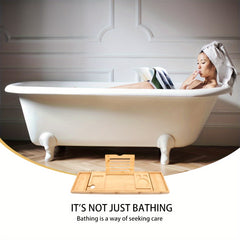 Adjustable Bamboo Bathtub Caddy Tray with Wine Glass Holder and iPad Stand