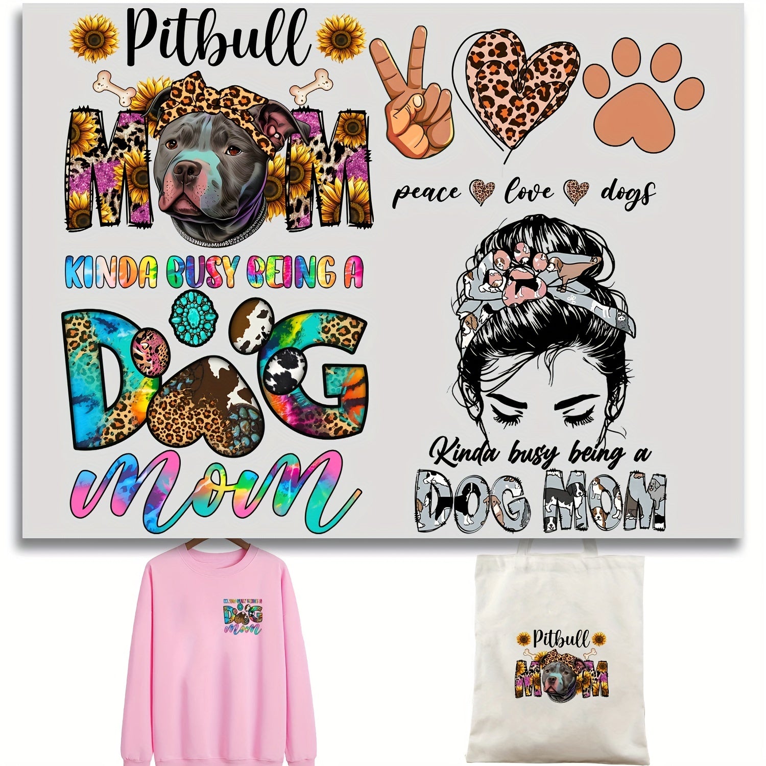 4pcs Dog Mom Love Iron On Stickers for T shirts Jeans Backpacks