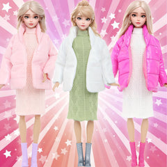3pcs Doll Clothes Winter Coat Knitted Dress Skirt Boots High Heels No Dolls