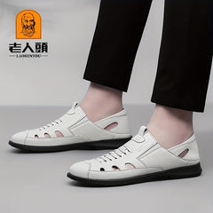LAORENTOU Men's Leather Beach Sandals Non Slip Comfy Summer Shoes