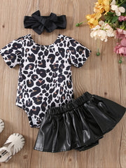 Leopard Print Romper & Faux Leather Skirt Set