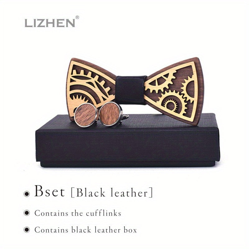 Steampunk Gear Wooden Bow Tie & Cufflinks Set for Party Wedding