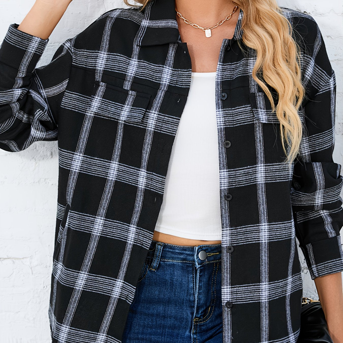 Plaid Shirt Jacket Long Sleeve Casual Shacket Women's Clothing