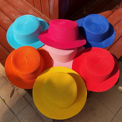 2pcs Candy Flat Top Fedora Straw Sun Hat Women's Spring Summer Travel