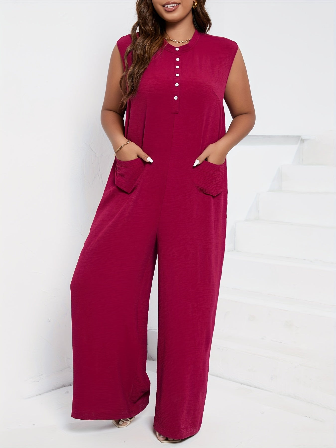 Button Up Mock Neck Wide Leg Jumpsuit