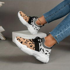 Leopard Print Platform Sneakers Knit Lace Up Outdoor Shoes