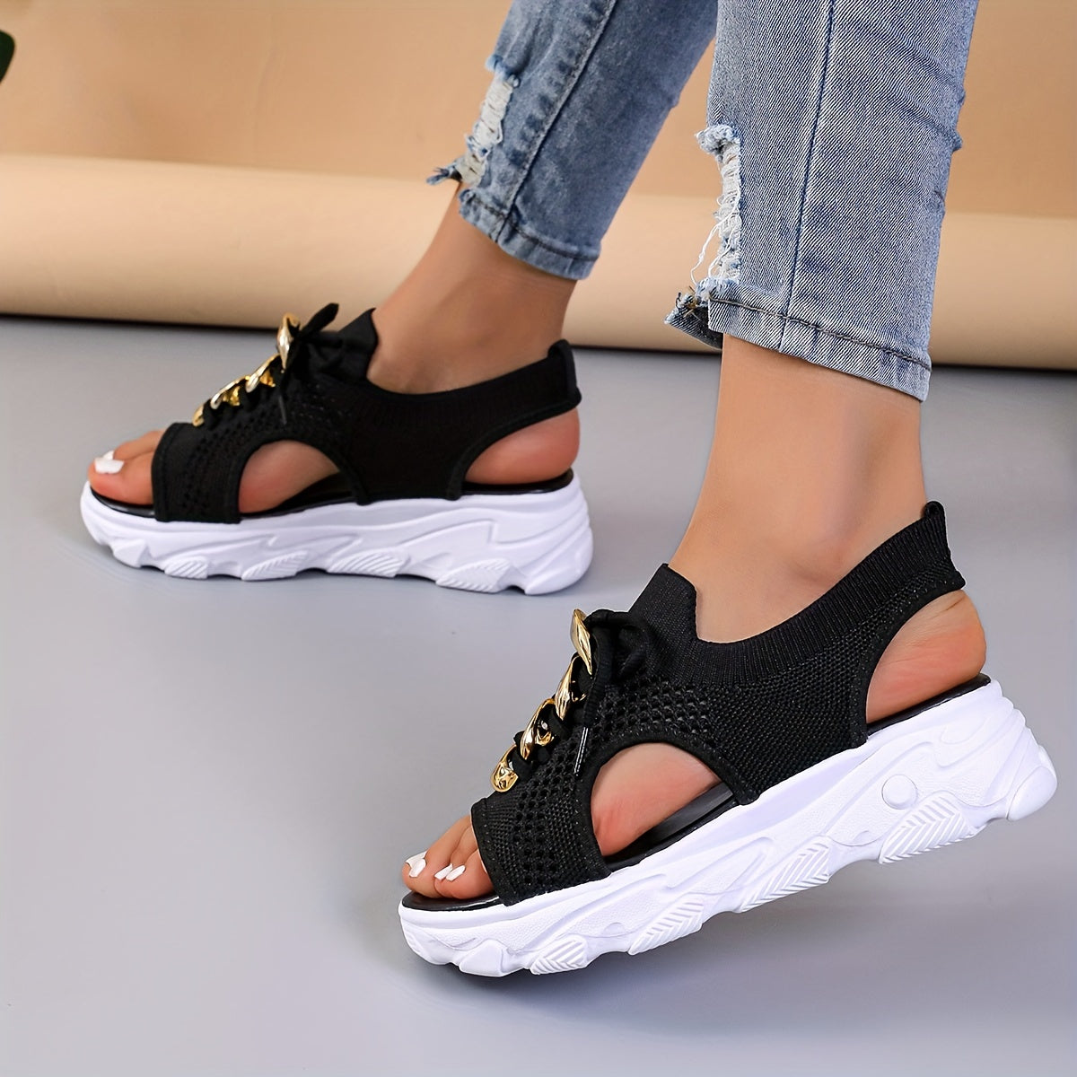 Mesh Breathable Sandals with Metal Buckle Decor