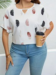 Feather Print Cut Out Short Sleeve T shirt - Women's Plus Size