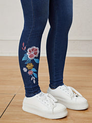 Dark Floral Embroidery Denim Slim Fit High Waist Skinny Jeans