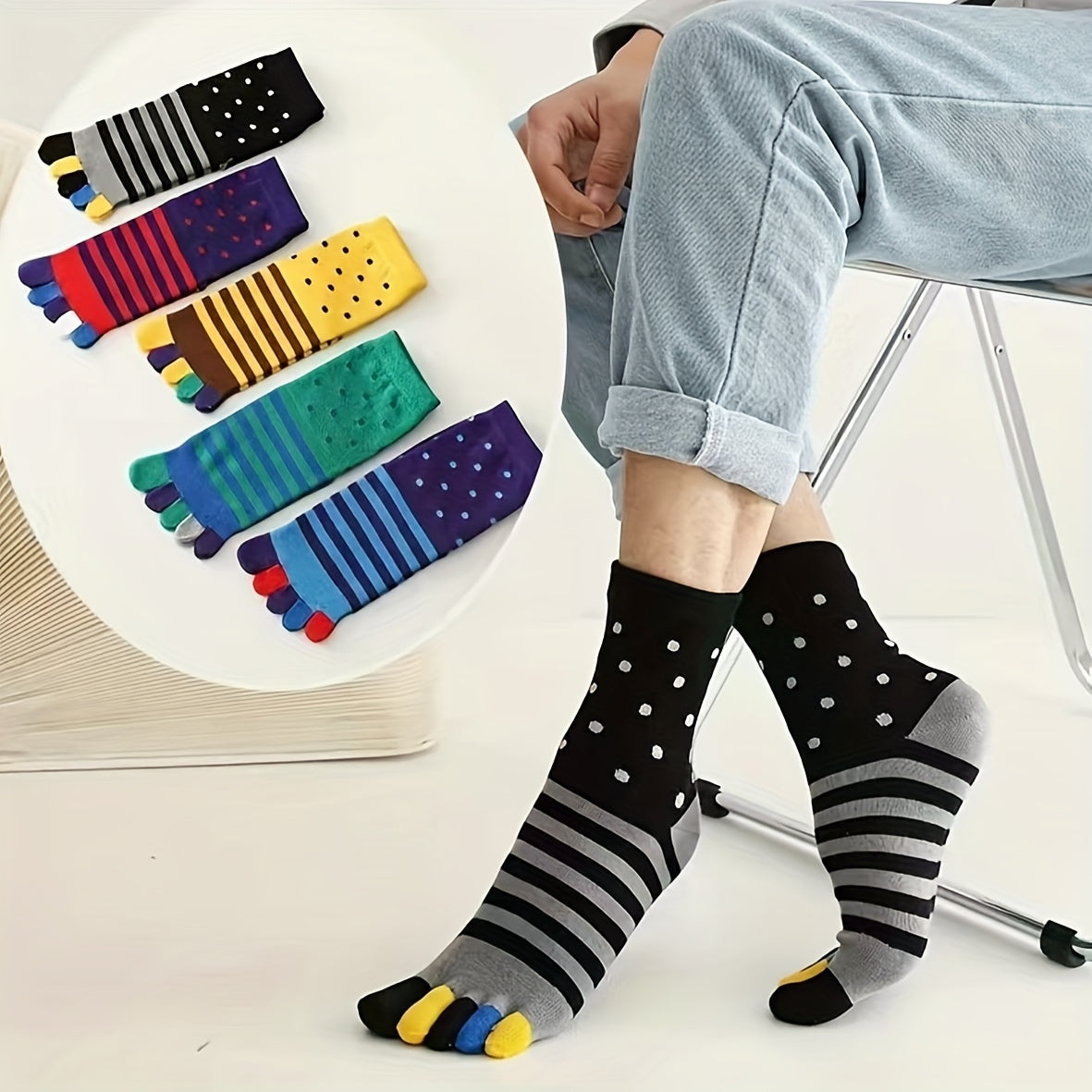 Men's Split Toe Tabi Socks Low Cut Five Toe Stripe Design