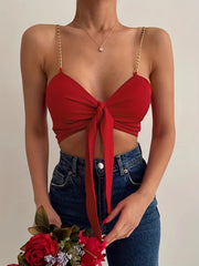 Chain Strap Crop Cami Top Backless Tie Front Spaghetti Strap