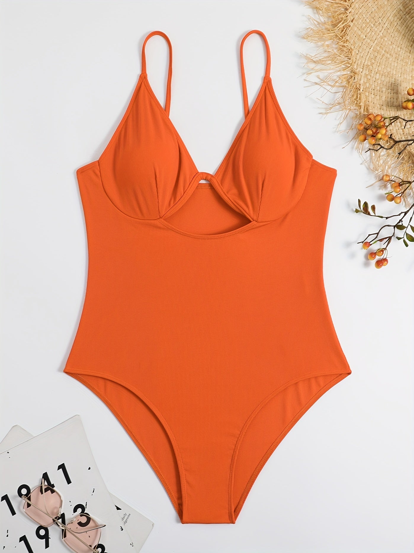 Women's Plus Solid Cut Out Ribbed One Piece Swimsuit