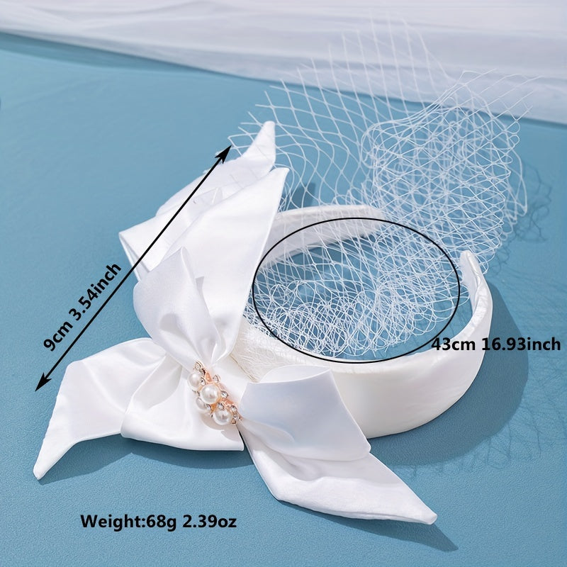 Vintage Ivory Mesh Bow Headband Wide Brim Women's Hair Accessories