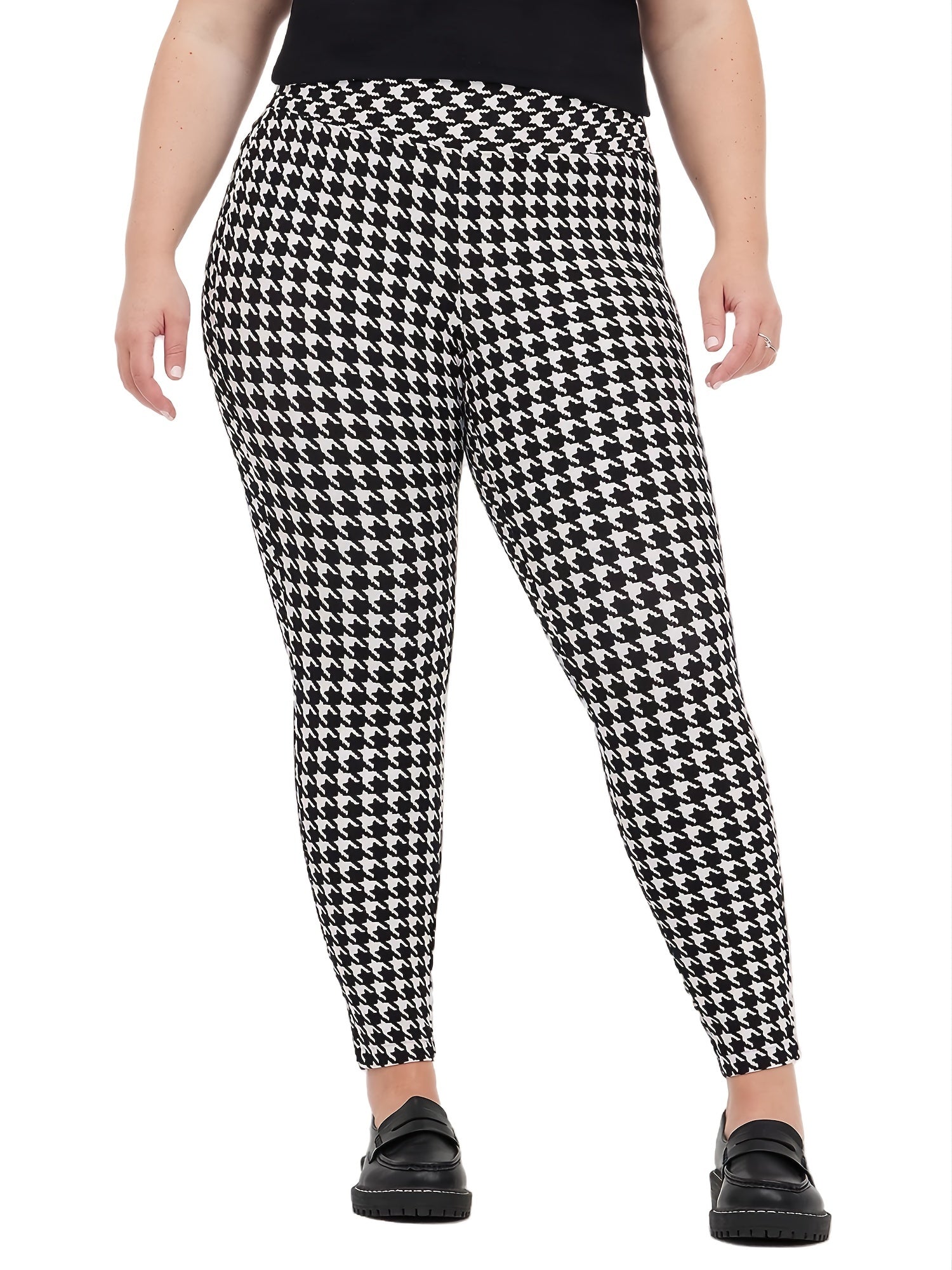 Houndstooth High Rise Wide Waist Band Stretch Leggings