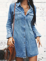 Flounce Sleeve Button Up Lapel Collar Denim Dress