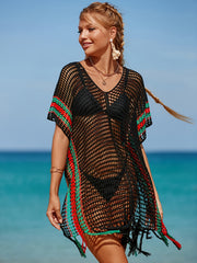 Boho Cover Up Women's Plus Striped Bat Sleeve Hollow Out V Neck Tassel