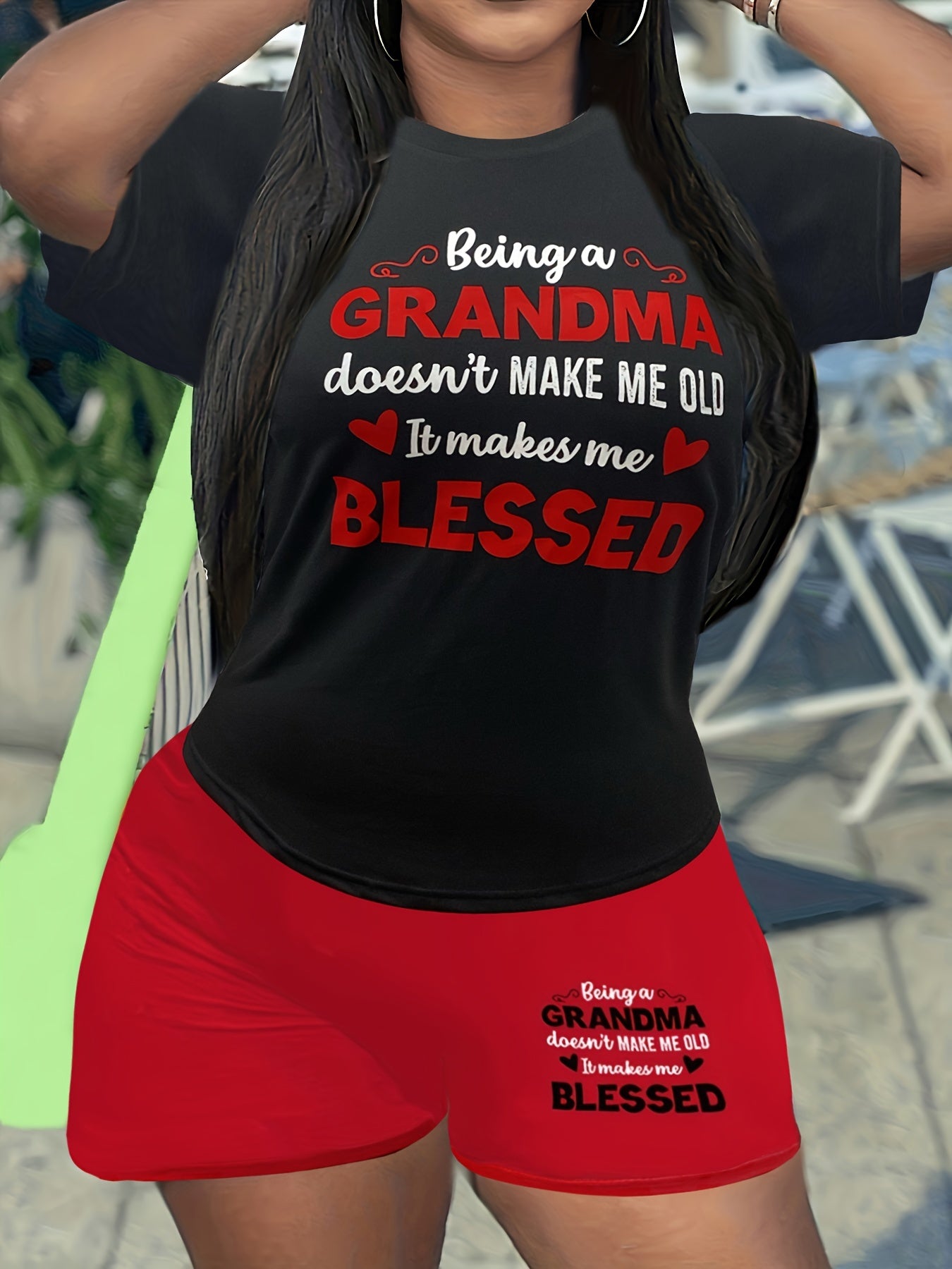 Women's Plus Letter & Heart Print Tee & Shorts Set