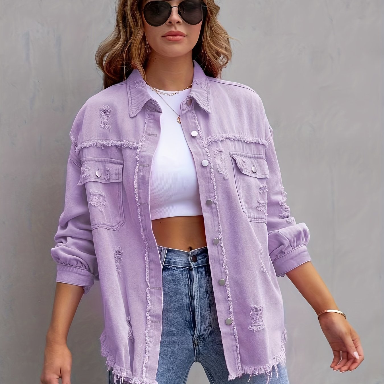 Oversized Denim Jacket Distressed Collar Long Sleeves Denim Coat