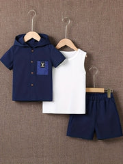 3pcs Boys Hooded Shirt & Vest & Sport Shorts Set Summer Toddler Kids