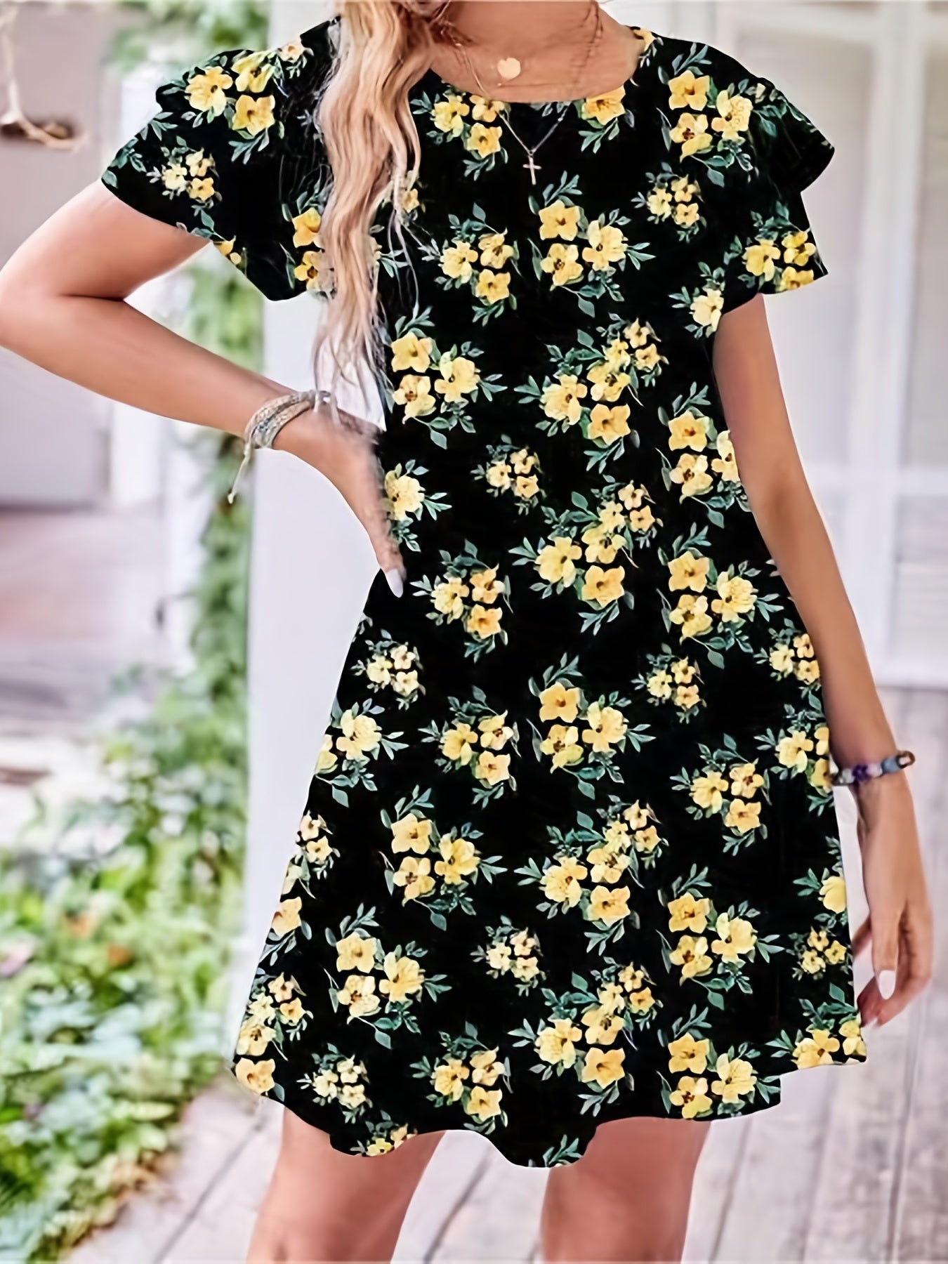 Floral Print Layered Sleeve Round Neck Mini Dress