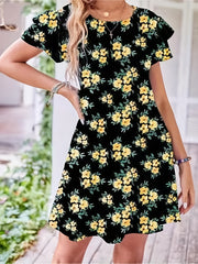 Floral Print Layered Sleeve Round Neck Mini Dress