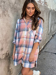 Plaid Print Button Up Long Sleeve Blouse