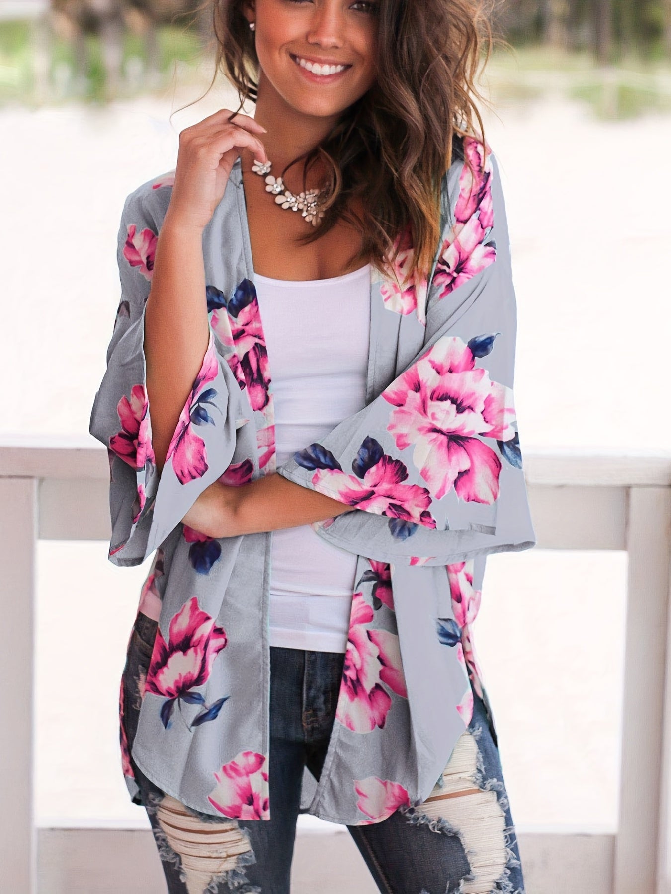 Floral Print V Neck Cover Up Shirts Long Sleeves Loose Fit