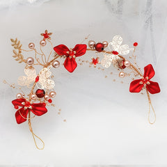 Chinese Style Red Flower Bridal Hair Accessories Set