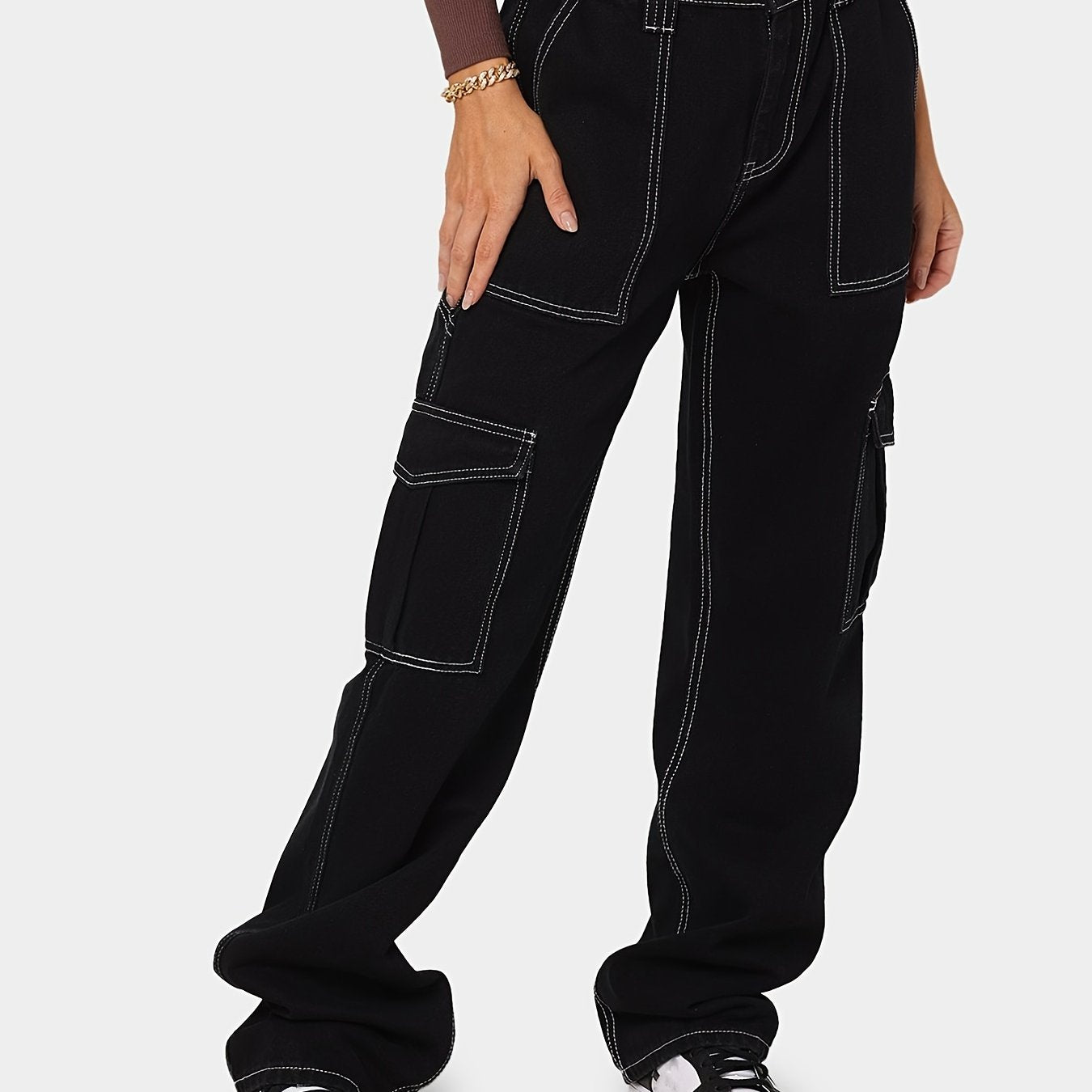 High Waist Flap Pockets Cargo Jeans Casual Loose Wide Legs Denim Pants